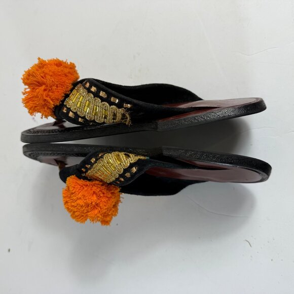 Traditional Ethnic Ahenema Sandals Size 8 Leather Slippers Orange Pom Ghanaian - Picture 6 of 16